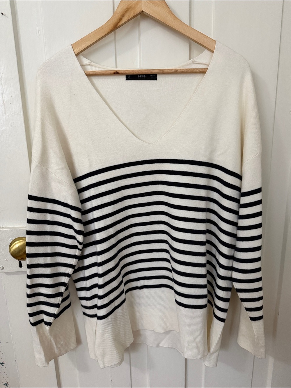 Mango Cream and Black Striped V-Neck Knit Sweater
